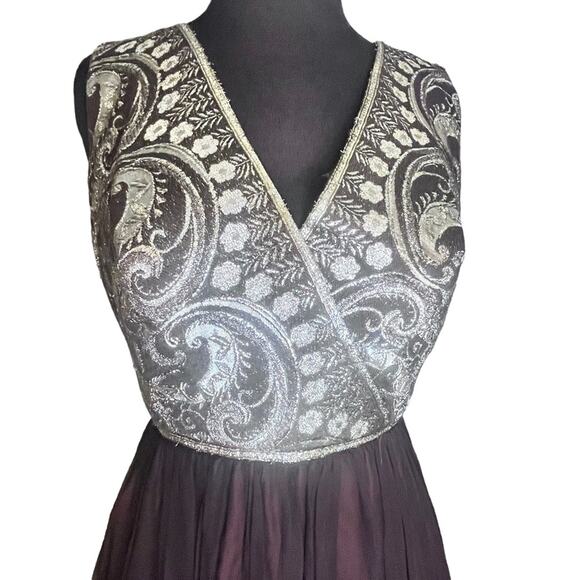 Vtg 60s Silk Chiffon Gold Metallic Brocade Regency Glam Dress Sz S Old Hollywood - Picture 3 of 8